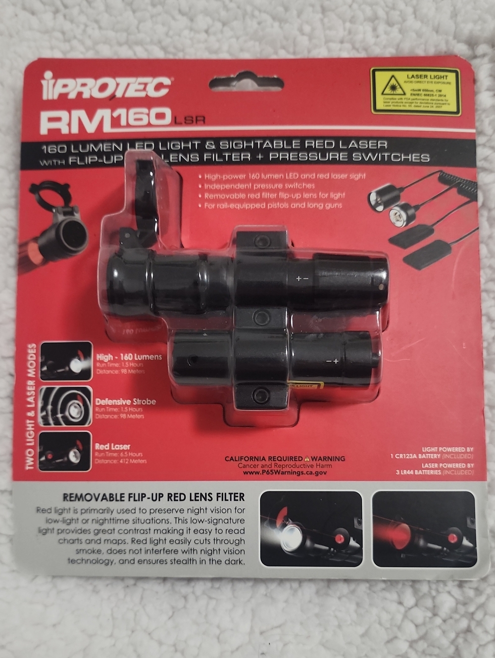 NEW* iPROTEC RM160LSR ~ 160lm Light & Sightable Red 5mW Laser, Removable Filter